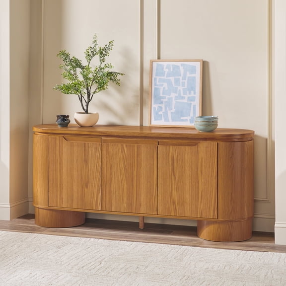 Walker Edison Modern Large Curved Wood Sideboard TV Stand, Medium Brown Oak