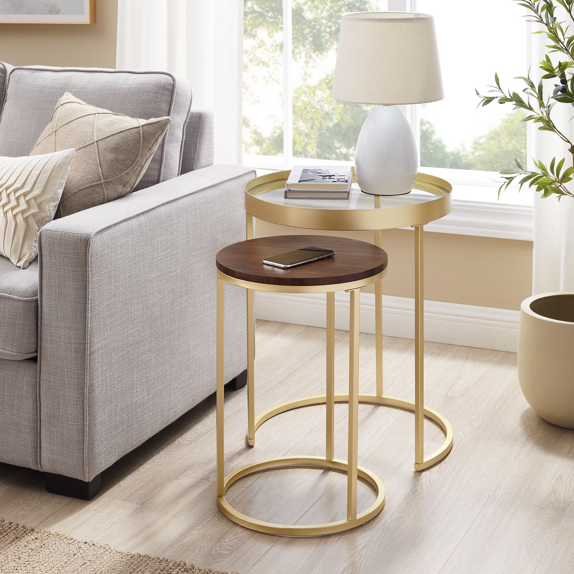 Walker Edison Modern Metal Nesting Side Tables, Dark Walnut/Gold