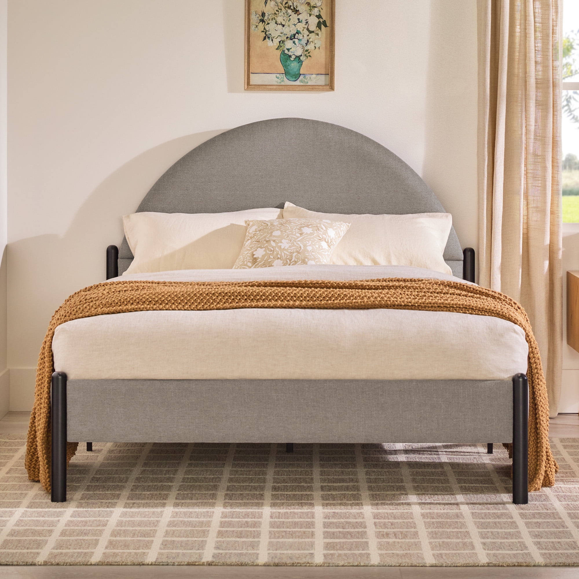 Gray Upholstered Queen Bed with Metal Frame and Curved Headboard