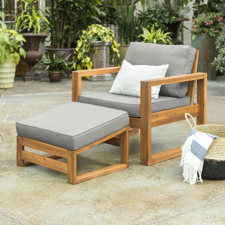 Walker Edison Modern Patio Chair Lounger and Ottoman Brown