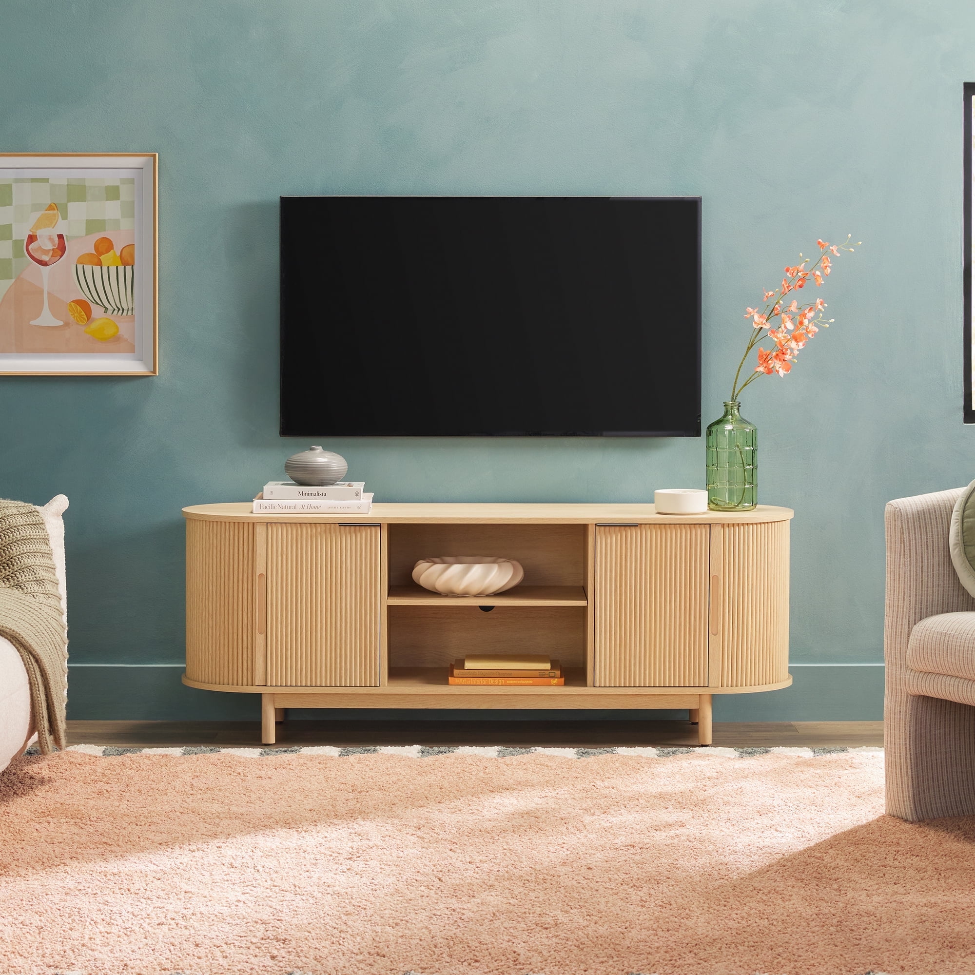 Walker Edison Modern Reeded 60” TV Stand with Open Storage - Coastal Oak