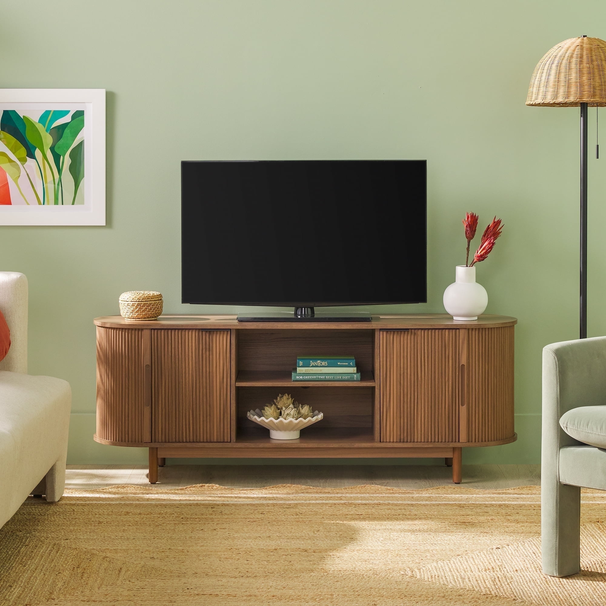 Walker Edison Modern Reeded 60” TV Stand with Open Storage - Mocha