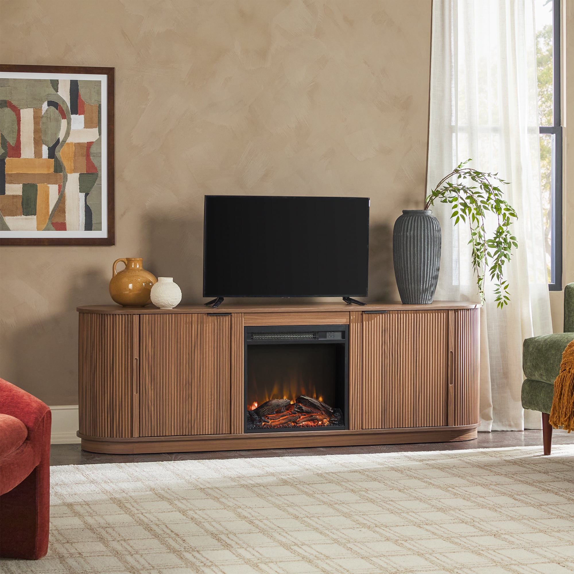Mocha 70" Modern Reeded TV Stand with Electric Fireplace