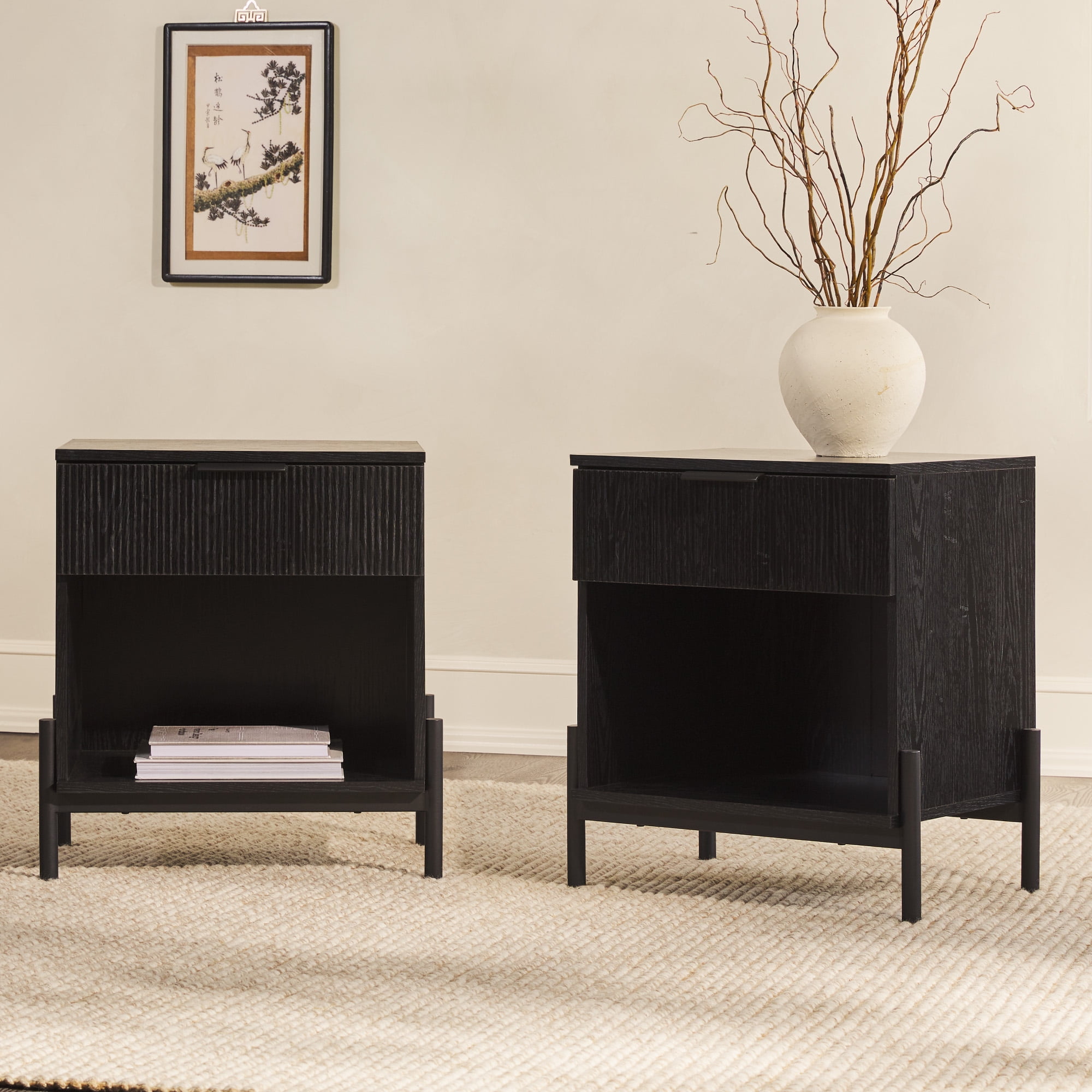 Walker Edison Modern Reeded-Front 1-Drawer Nightstand, 2 Pack, Black