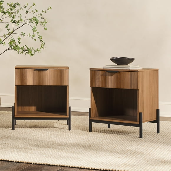 Walker Edison Modern Reeded-Front 1-Drawer Nightstand, 2 Pack, Mocha