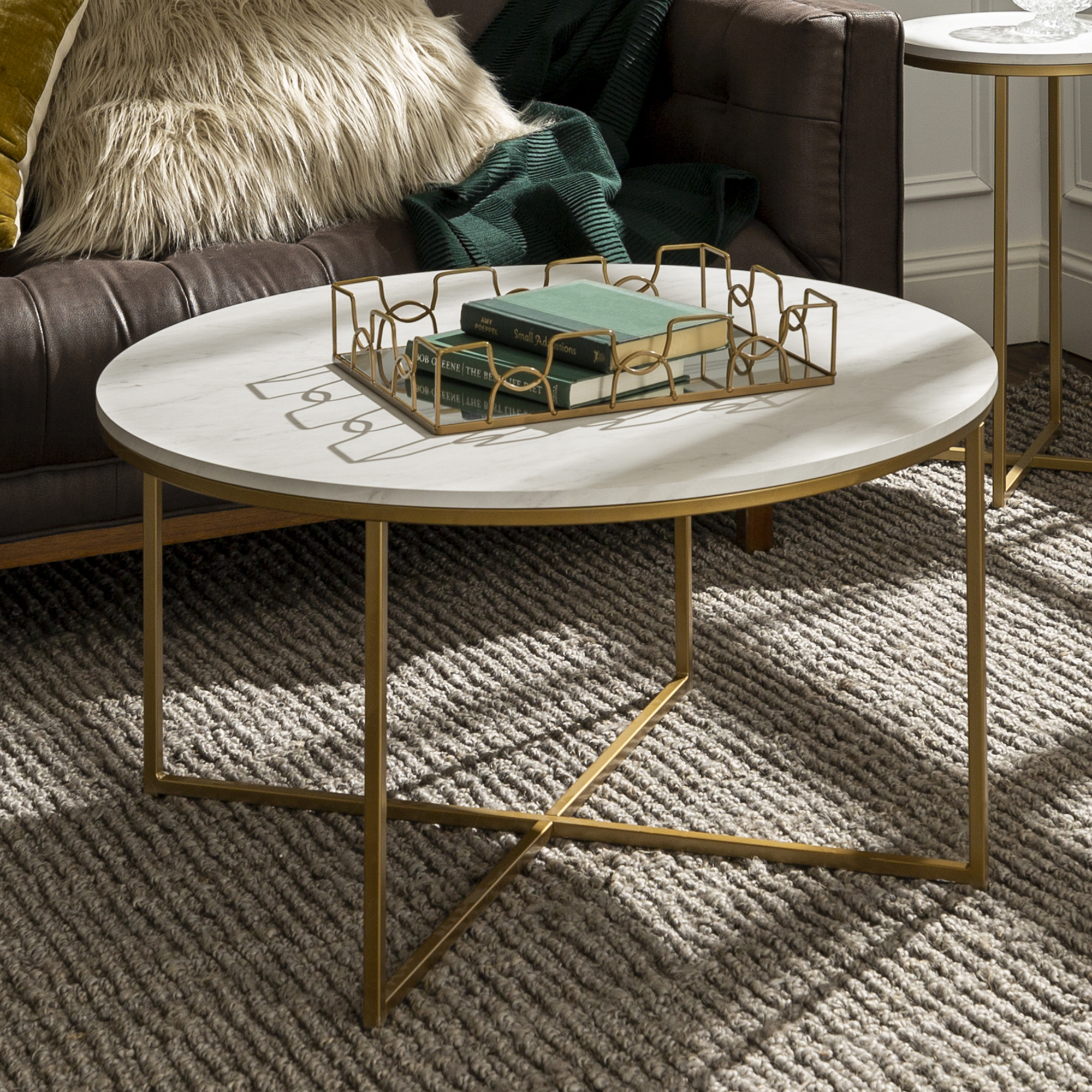 Walker Edison Modern Round Coffee Table, Faux White Marble/Gold - image 1 of 7