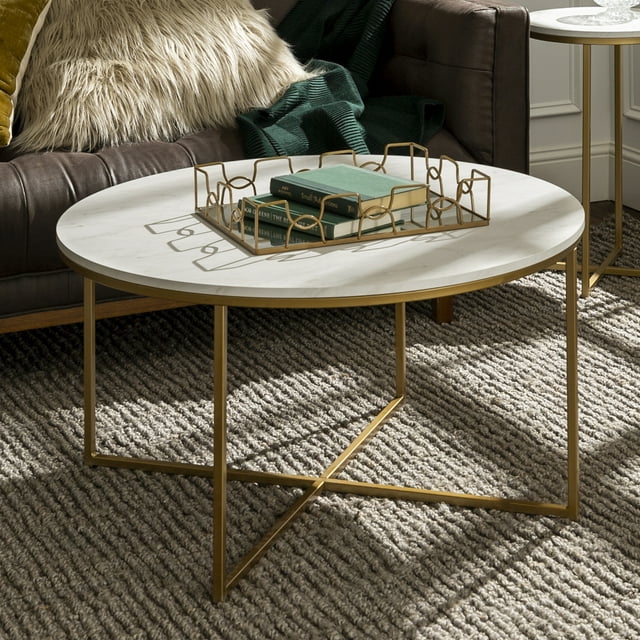 Walker Edison Modern Round Coffee Table, Faux White Marble/Gold