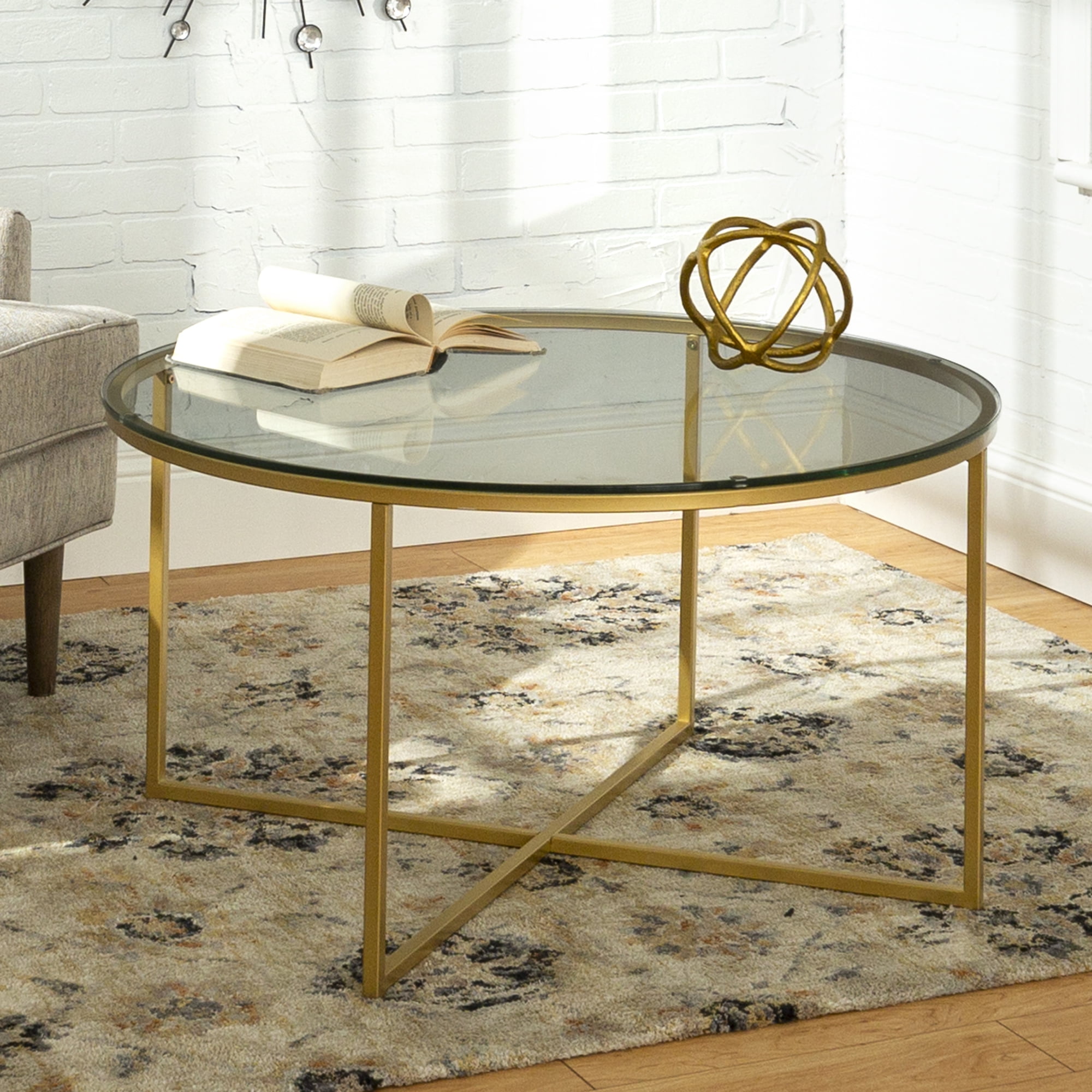 Walker Edison Modern Round Coffee Table Glass Gold Walmart