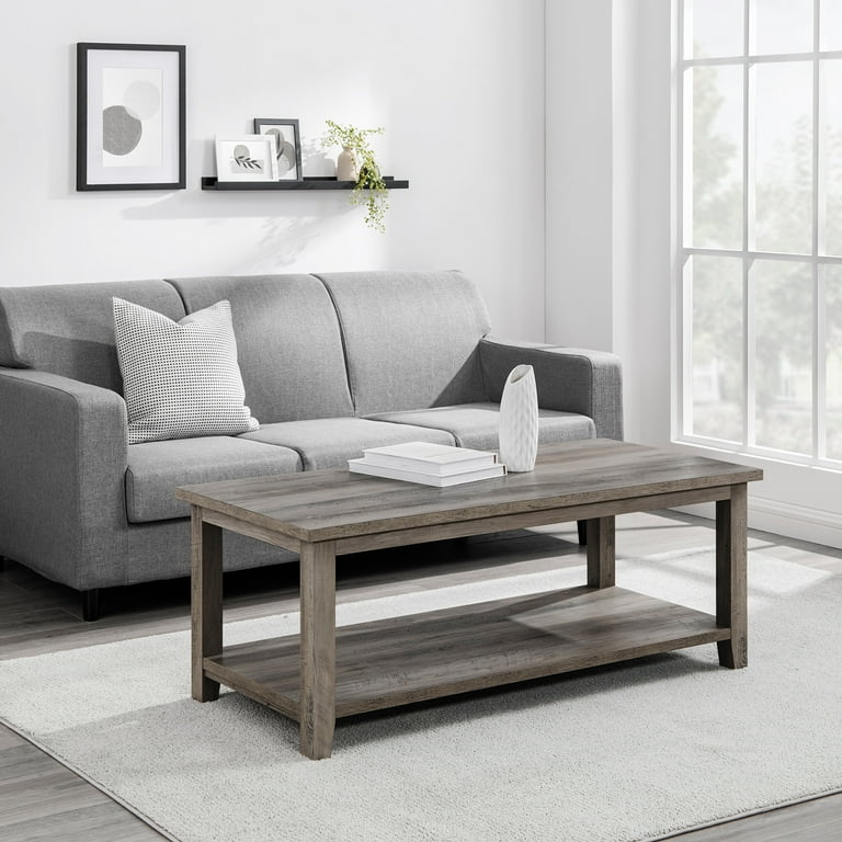 Walker Edison Modern Rustic Coffee Table with Shelf Grey Wash