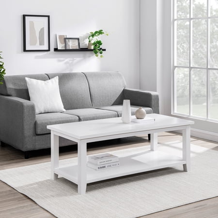 Walker Edison Modern Rustic Coffee Table with Shelf, Solid White