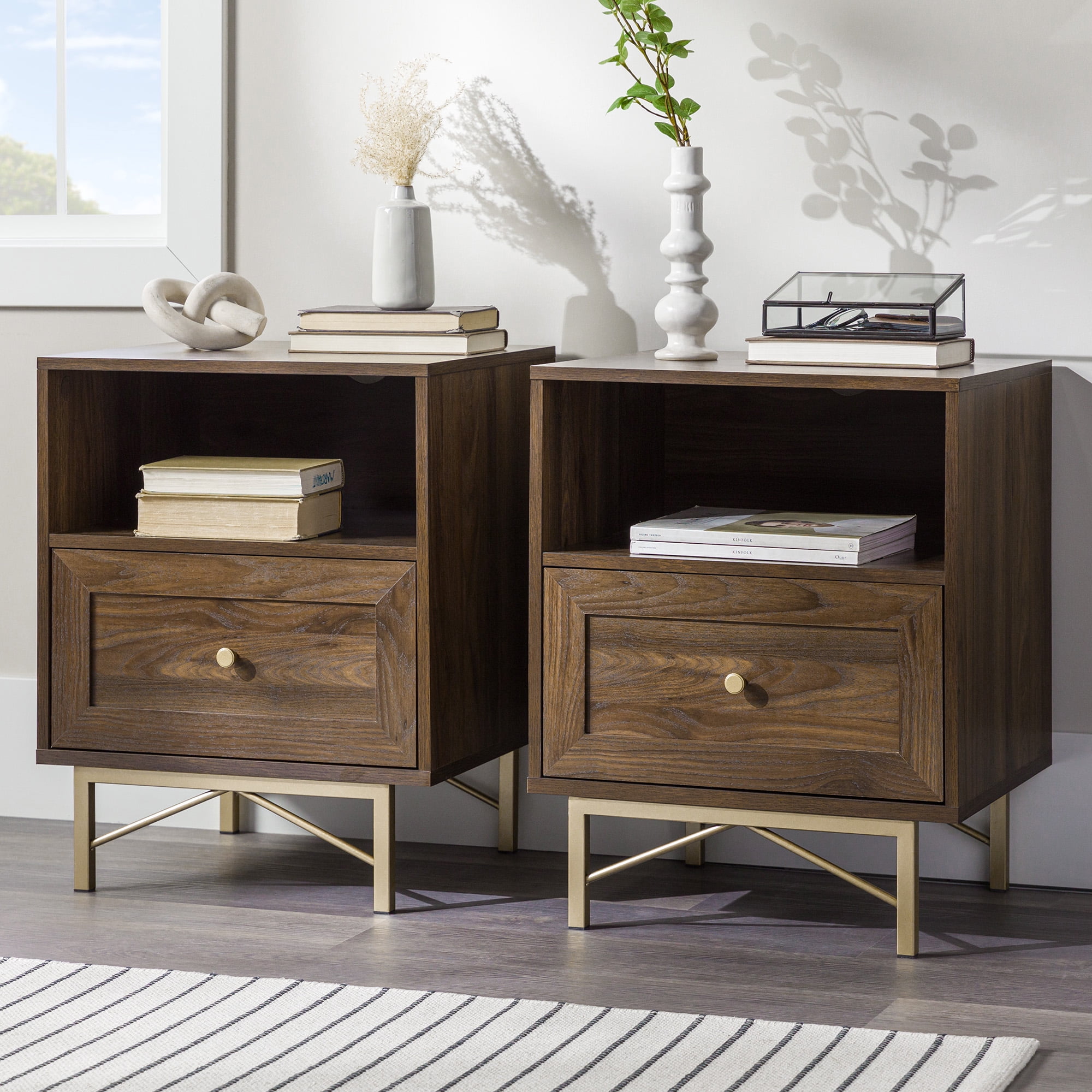 Walker Edison Modern Single Drawer Nightstand, Set of 2, Dark Walnut