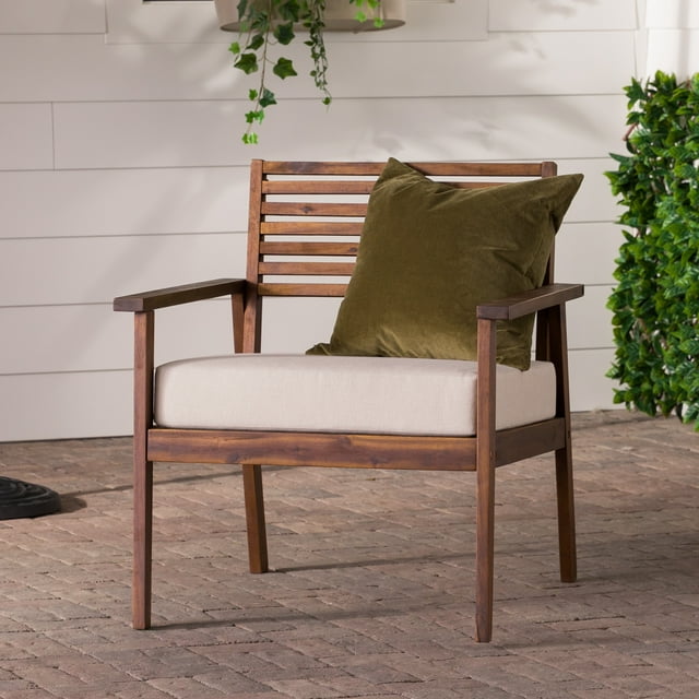 Walker Edison Modern Slat-Back Solid Wood Outdoor Lounge Chair, Dark Brown