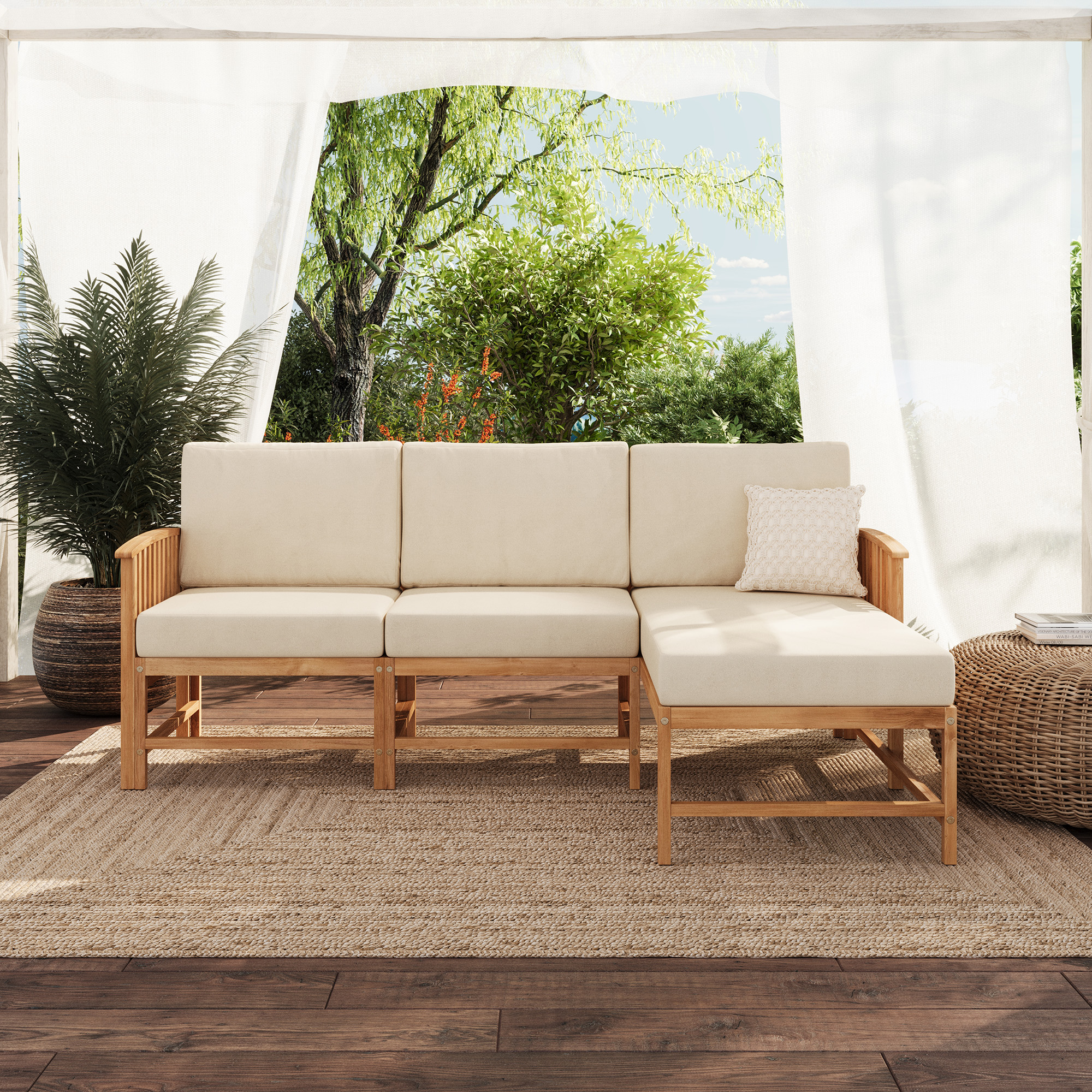 Walker Edison Modern Slatted Solid Wood 3Piece Outdoor Sectional Set