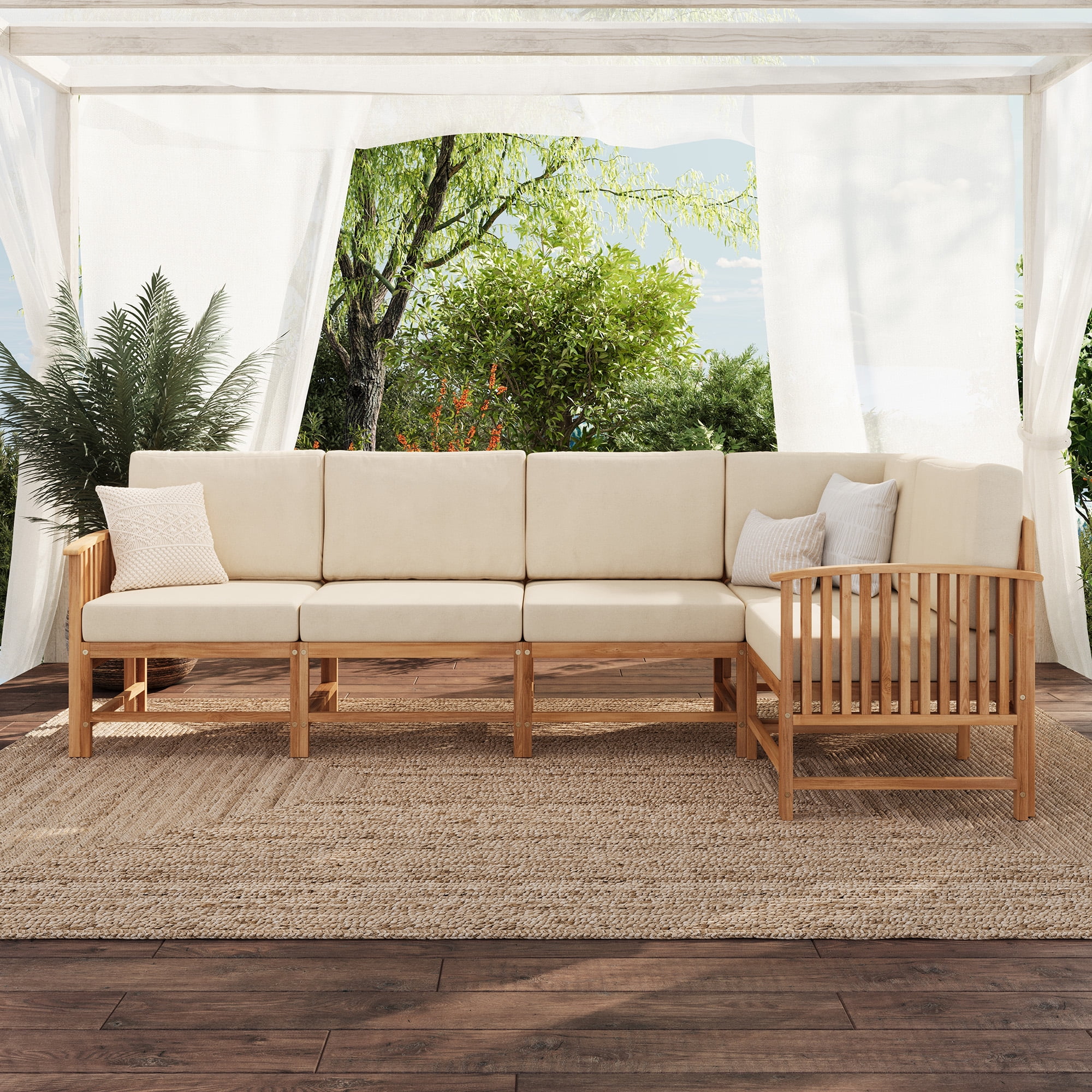 Walker Edison Modern Slatted Solid Wood 5-Piece Outdoor Sectional Set, Brown
