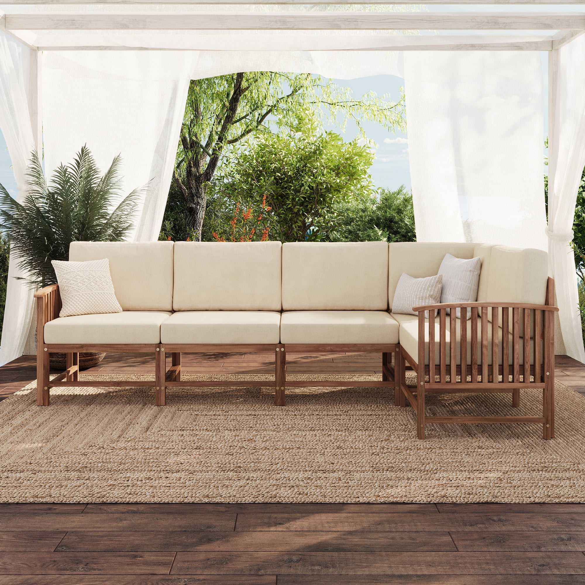 Walker Edison Modern Slatted Solid Wood 5-Piece Outdoor Sectional Set, Dark Brown