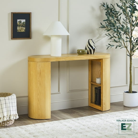 Walker Edison Modern Easy Assembly Oak Veneer Round Console Table, White Oak