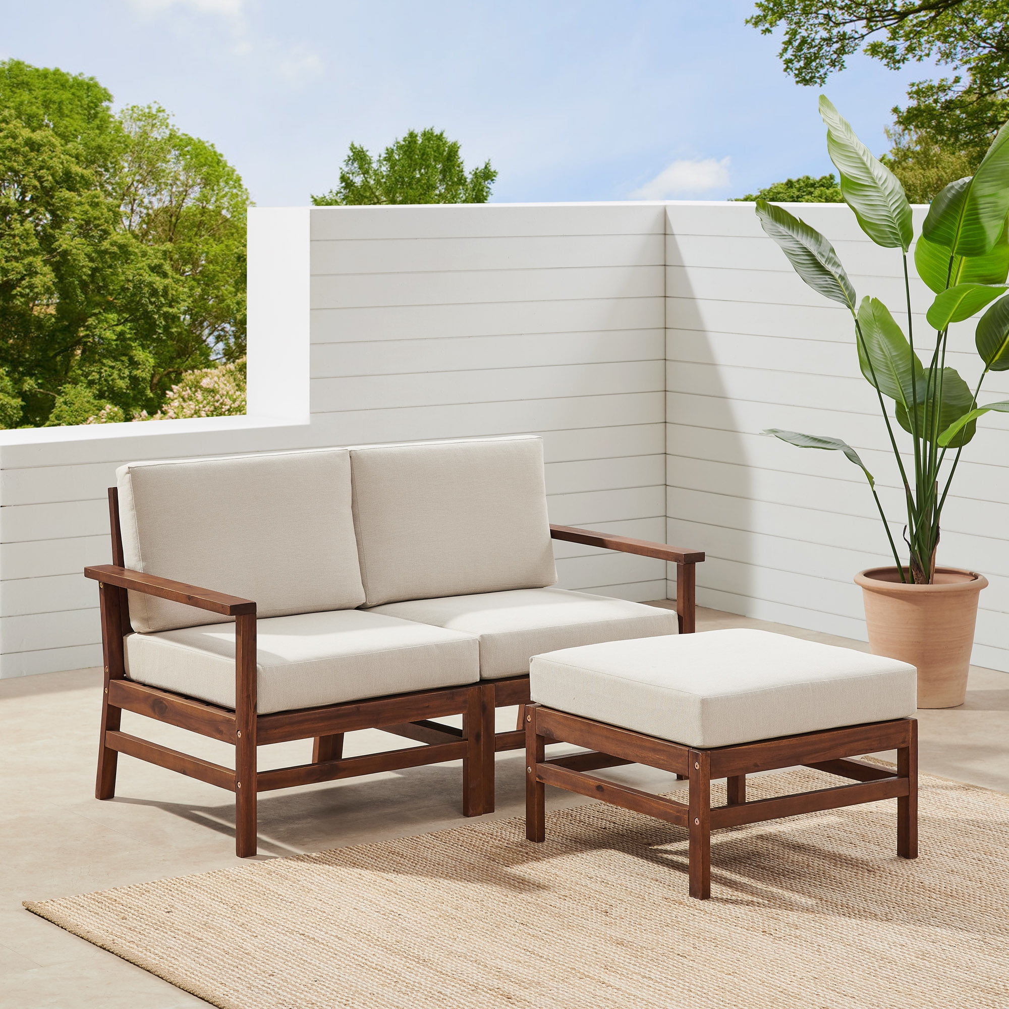 Walker Edison Modern Solid Wood 3 Piece Outdoor Sectional Dark