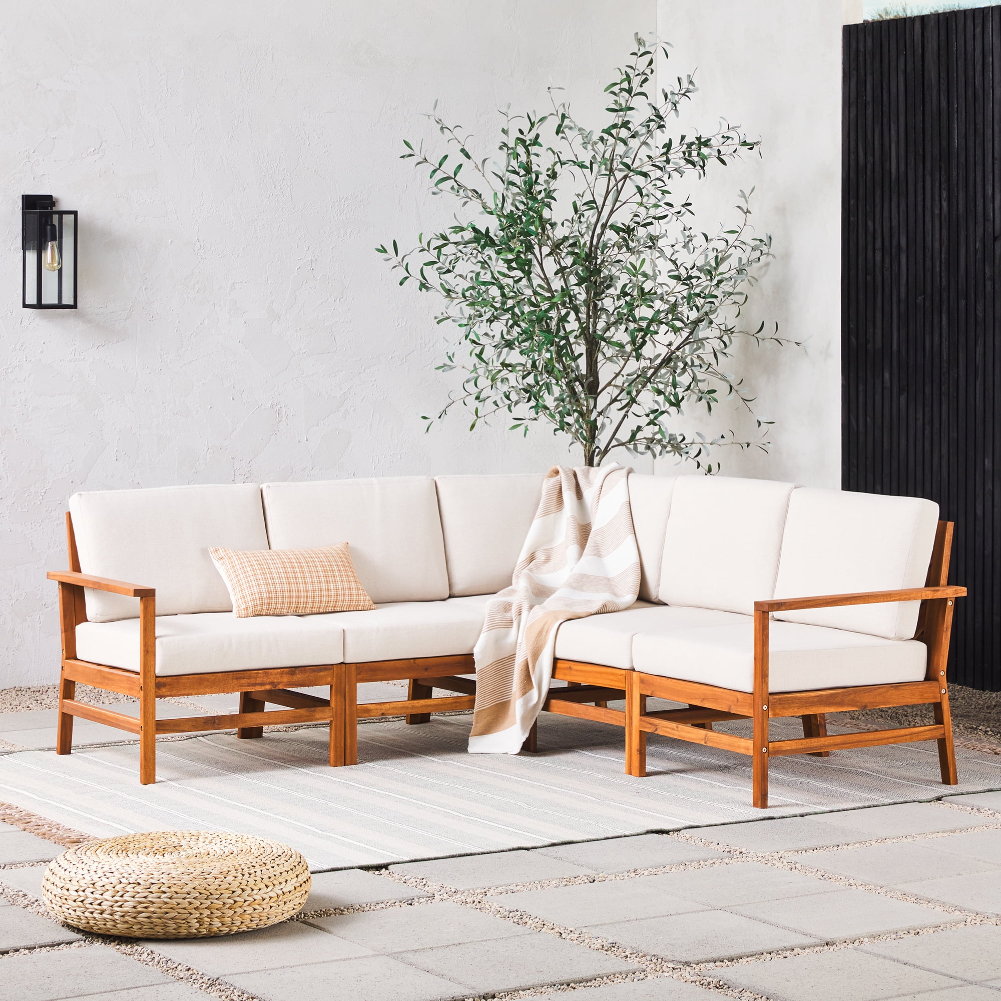Walker Edison Modern Solid Wood 5-Piece Chevron Outdoor Sectional Set, Brown
