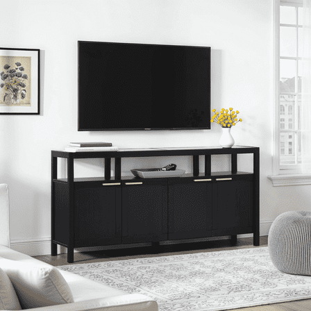 Walker Edison Modern Solid Wood 58" TV Stand with Glass Top, Black