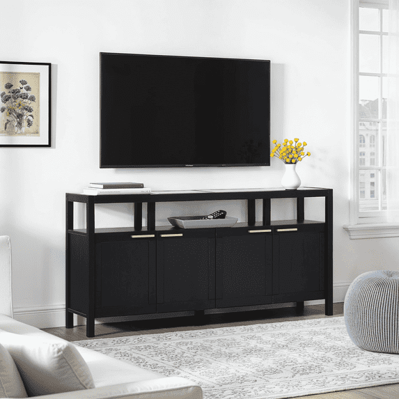 Walker Edison Modern Solid Wood 58" TV Stand with Glass Top, Black