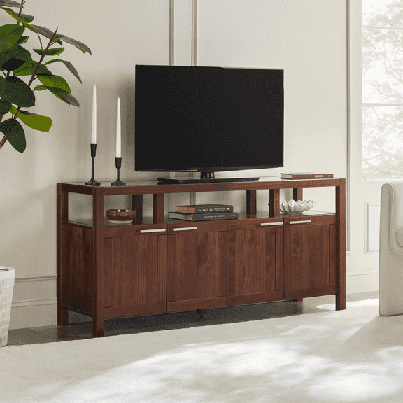 Walker Edison Modern Solid Wood 58" TV Stand with Glass Top, Walnut