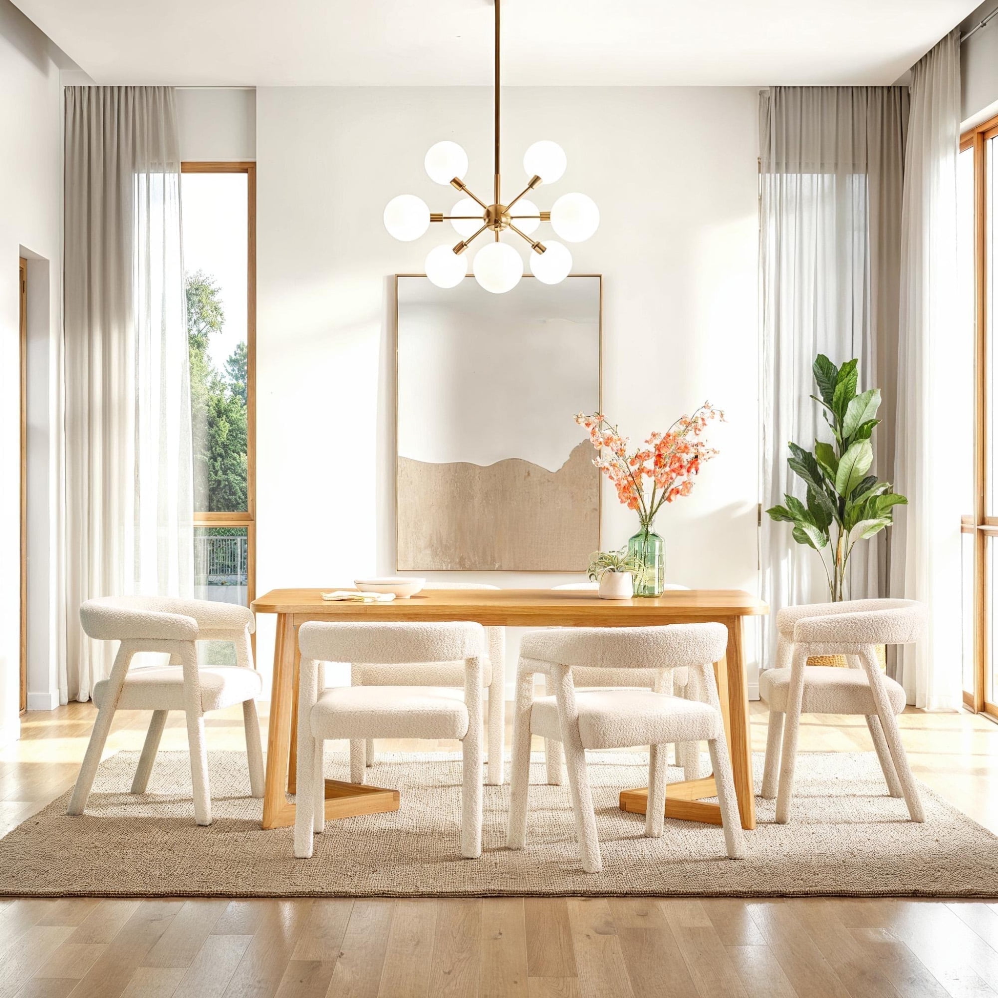 Walker Edison Modern Solid Wood Boucle Rounded Back Dining Chair, Set of 2, Ivory