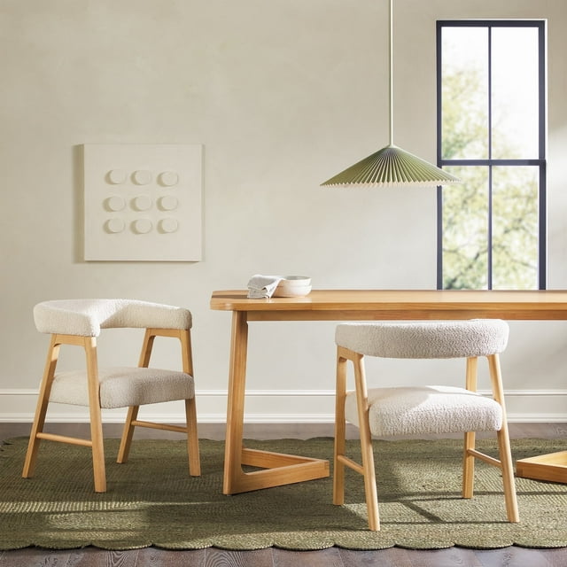 Walker Edison Modern Solid Wood Curved Dining Chair with Boucle, Set of 2, Ivory
