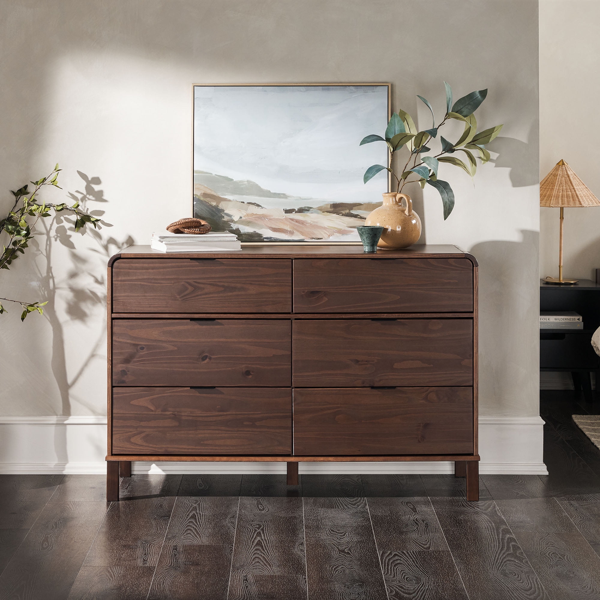 Brown Solid Pine Wood Modern 6-Drawer Dresser