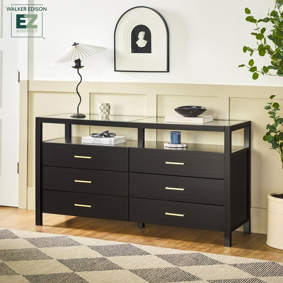 Walker Edison Modern Easy Assembly Solid Wood Dresser with Glass Top Black
