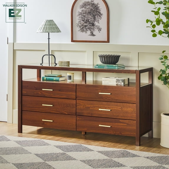Walker Edison Modern Easy Assembly Solid Wood Dresser with Glass Top Walnut