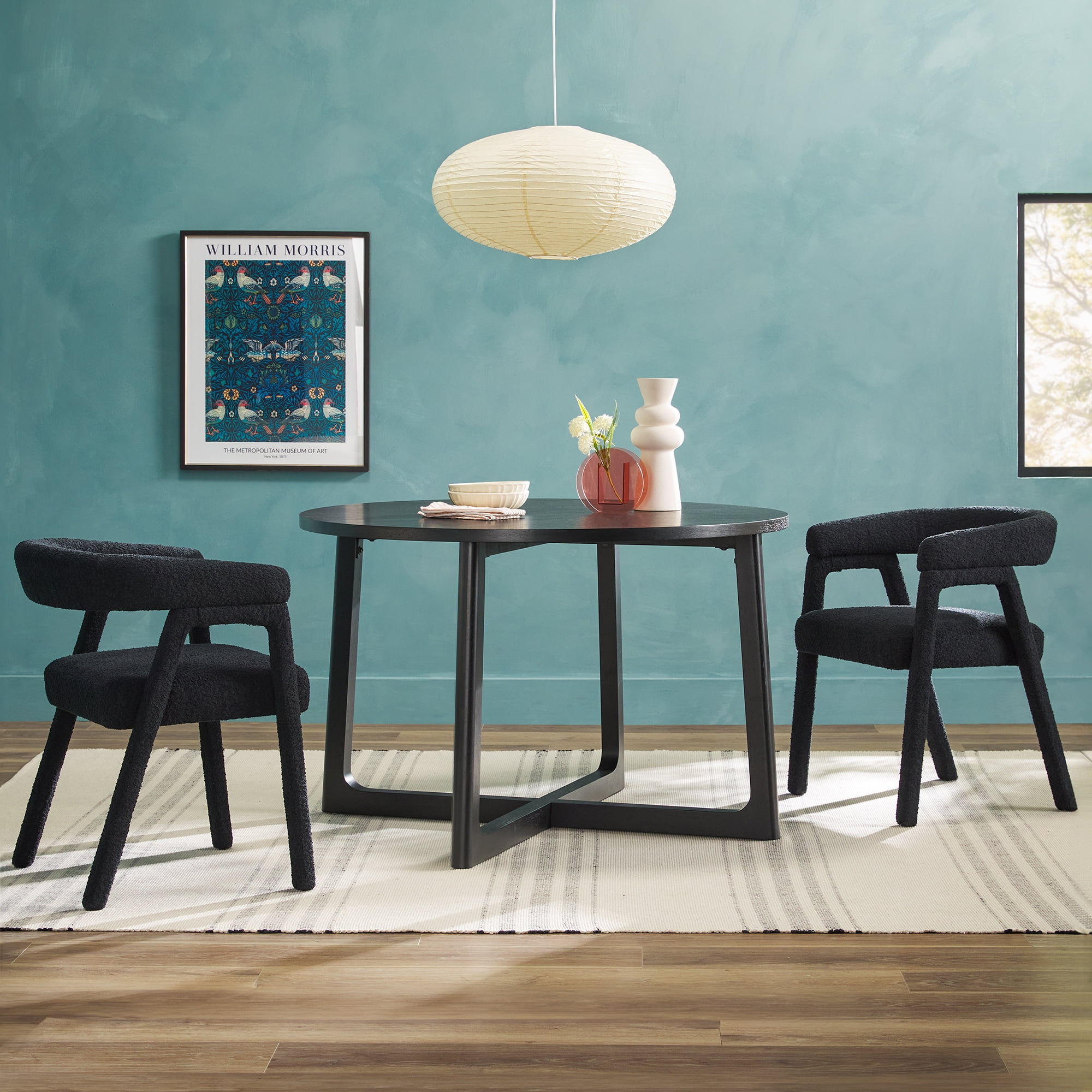 Black Solid Wood Round Dining Table with Geometric Legs
