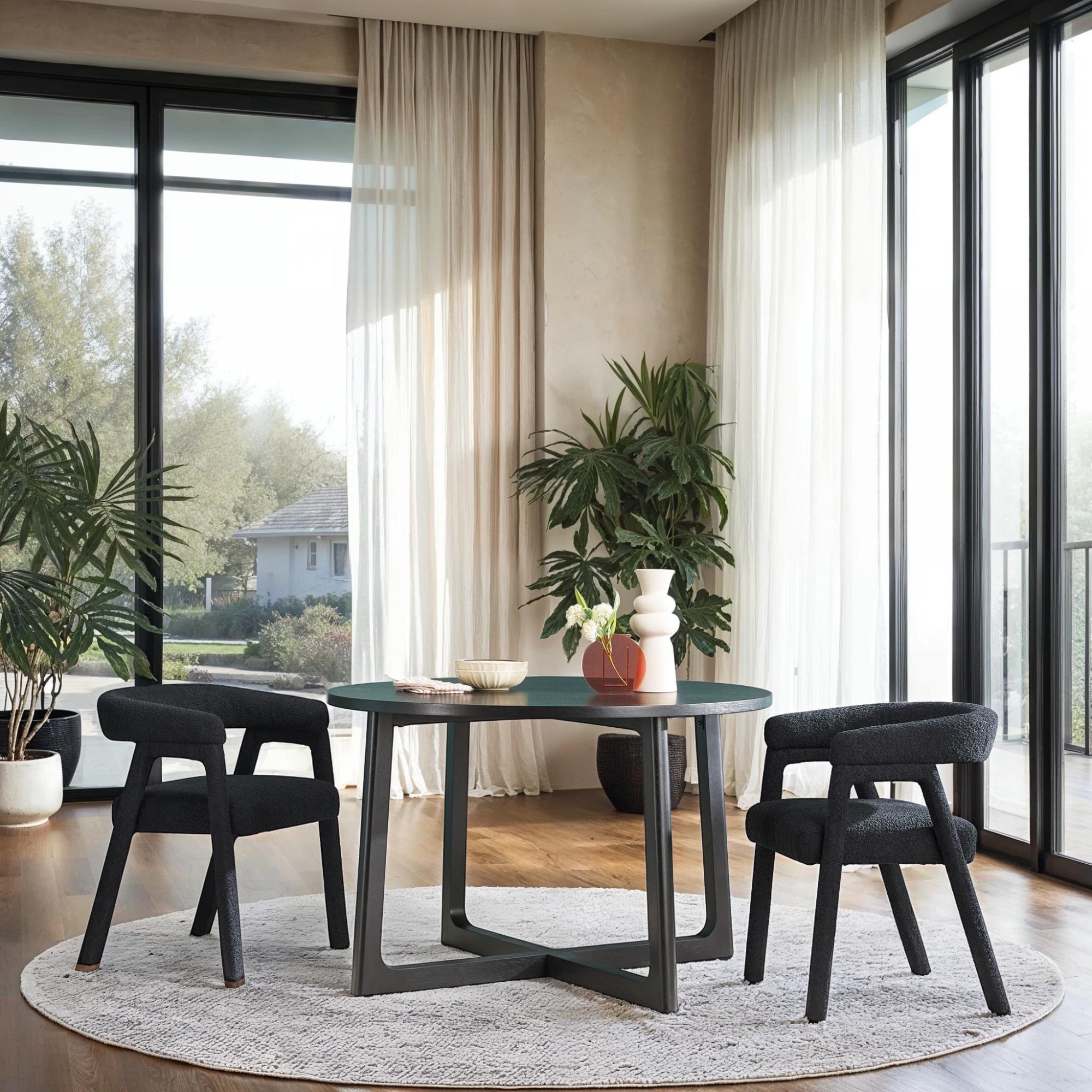 Black Solid Wood Round Dining Table with Geometric Legs
