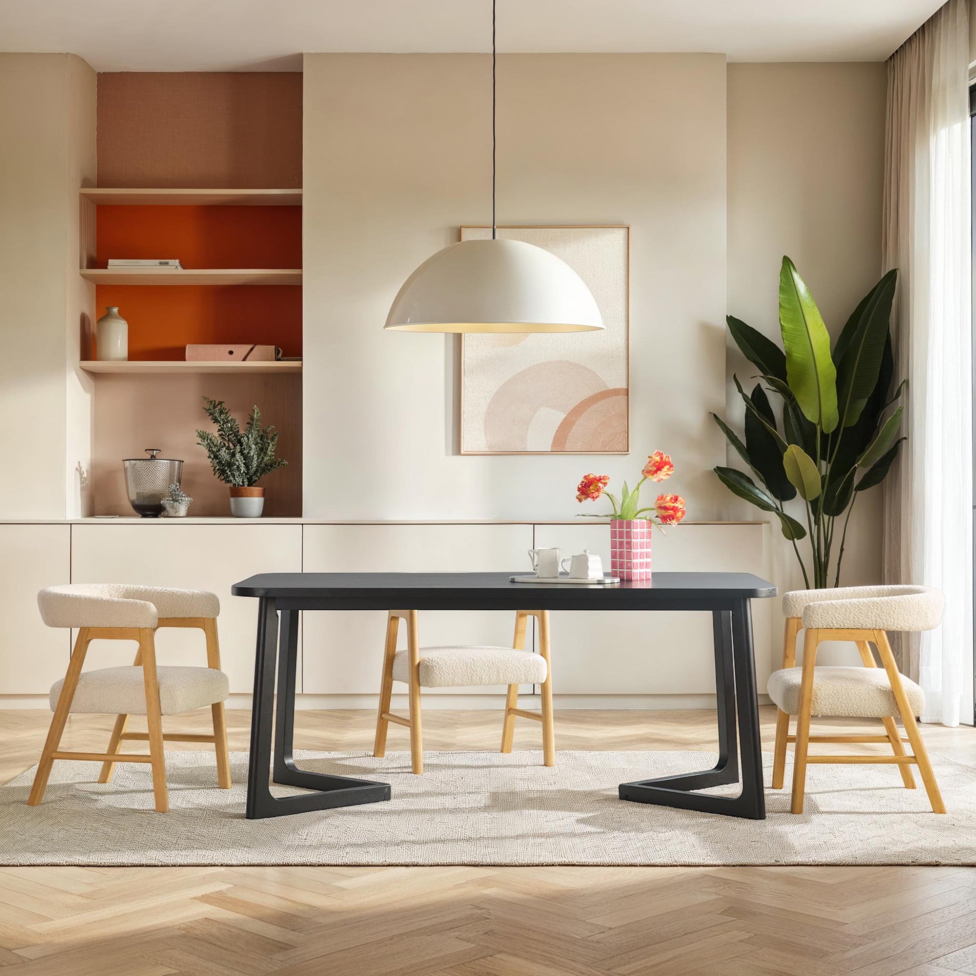 Modern Black Rectangular Wood Dining Table for Six