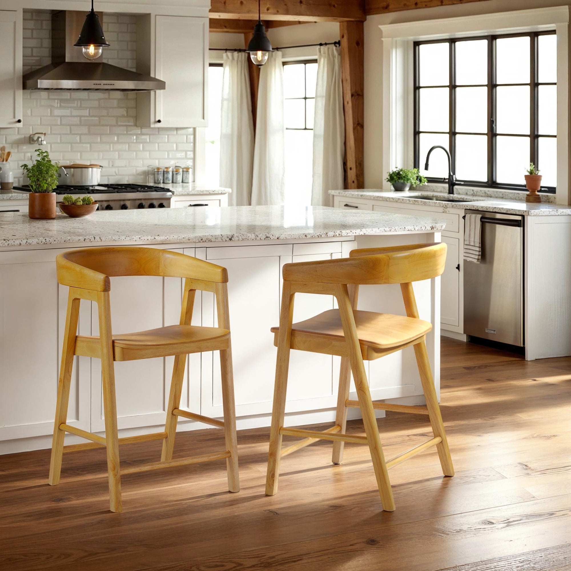 Walker Edison Modern Solid Wood Rounded Back Counter Stool, Natural