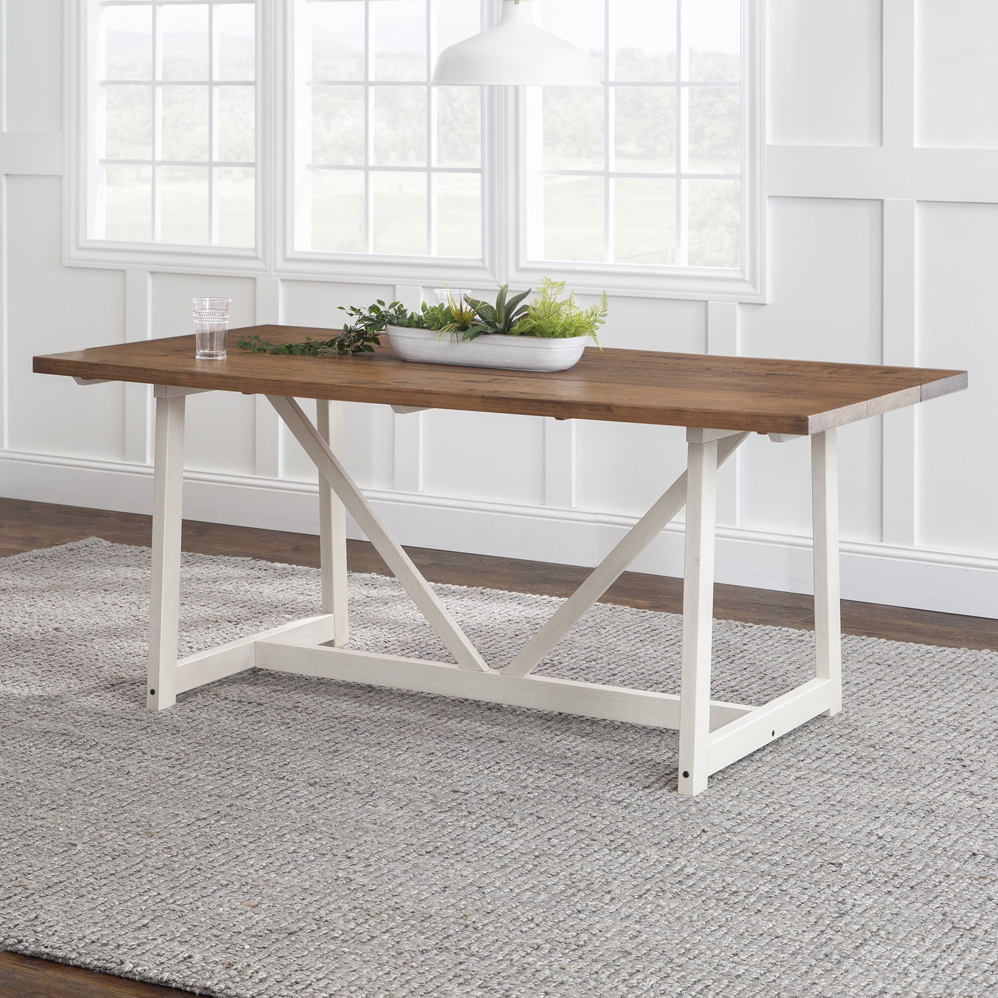 72" Rustic Oak and White Solid Wood Trestle Dining Table