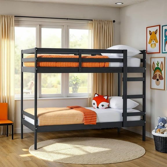 Walker Edison Modern Solid Wood Twin Over Twin Bunk Bed, Black