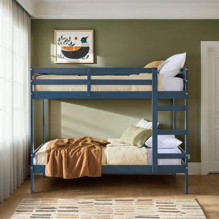 Walker Edison Modern Solid Wood Twin Over Twin Bunk Bed, Midnight Navy
