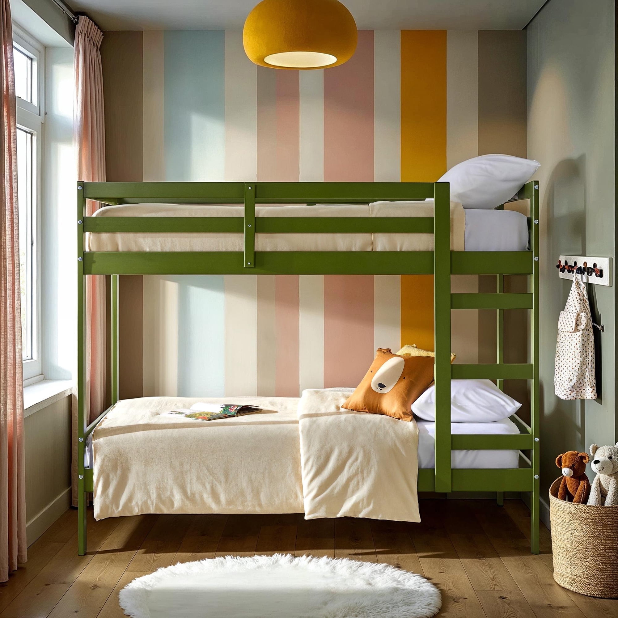 Olive Green Twin Over Twin Pine Wood Bunk Bed with Drawer