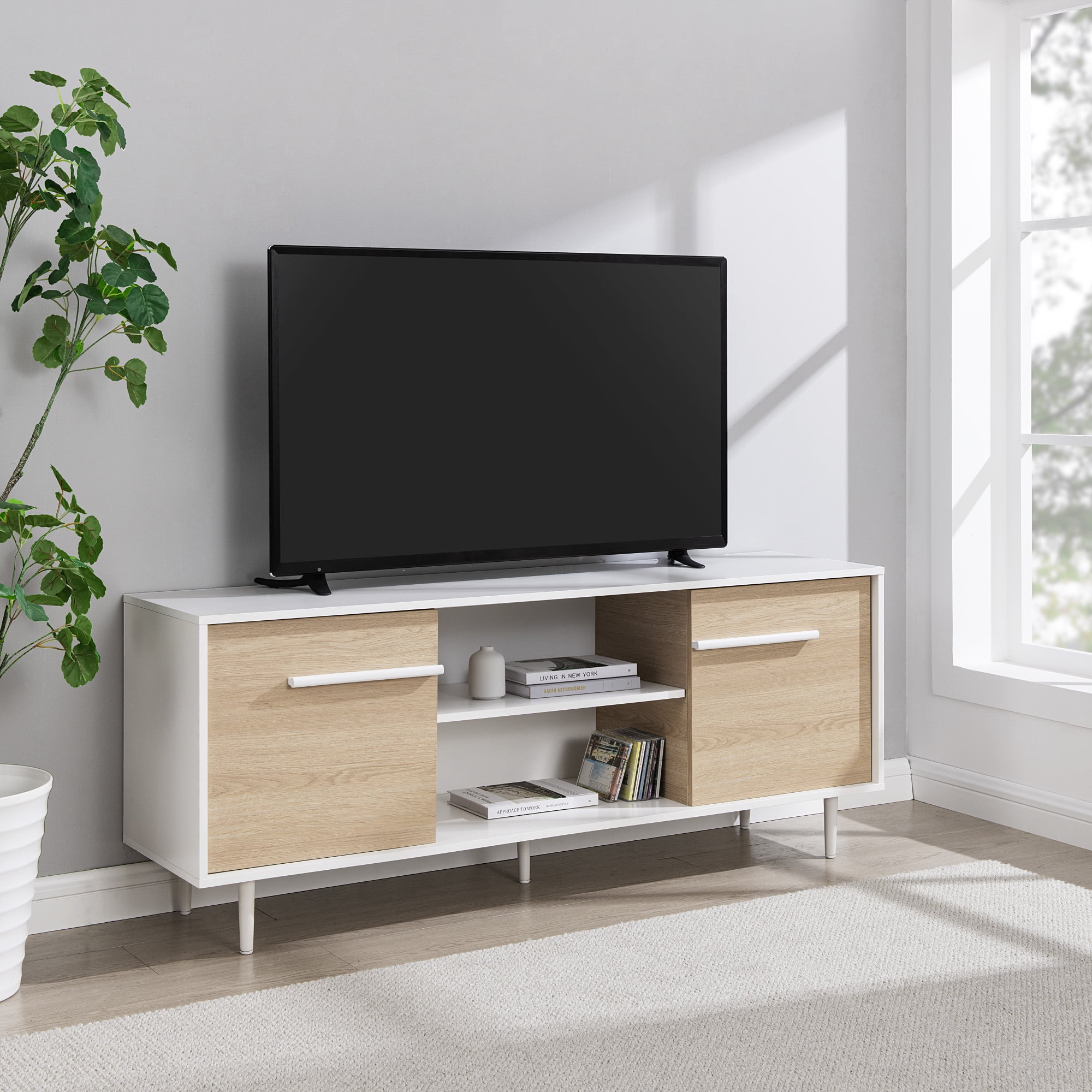 Walker Edison Modern Two-Tone TV Stand for TVs up to 65”, Solid White ...