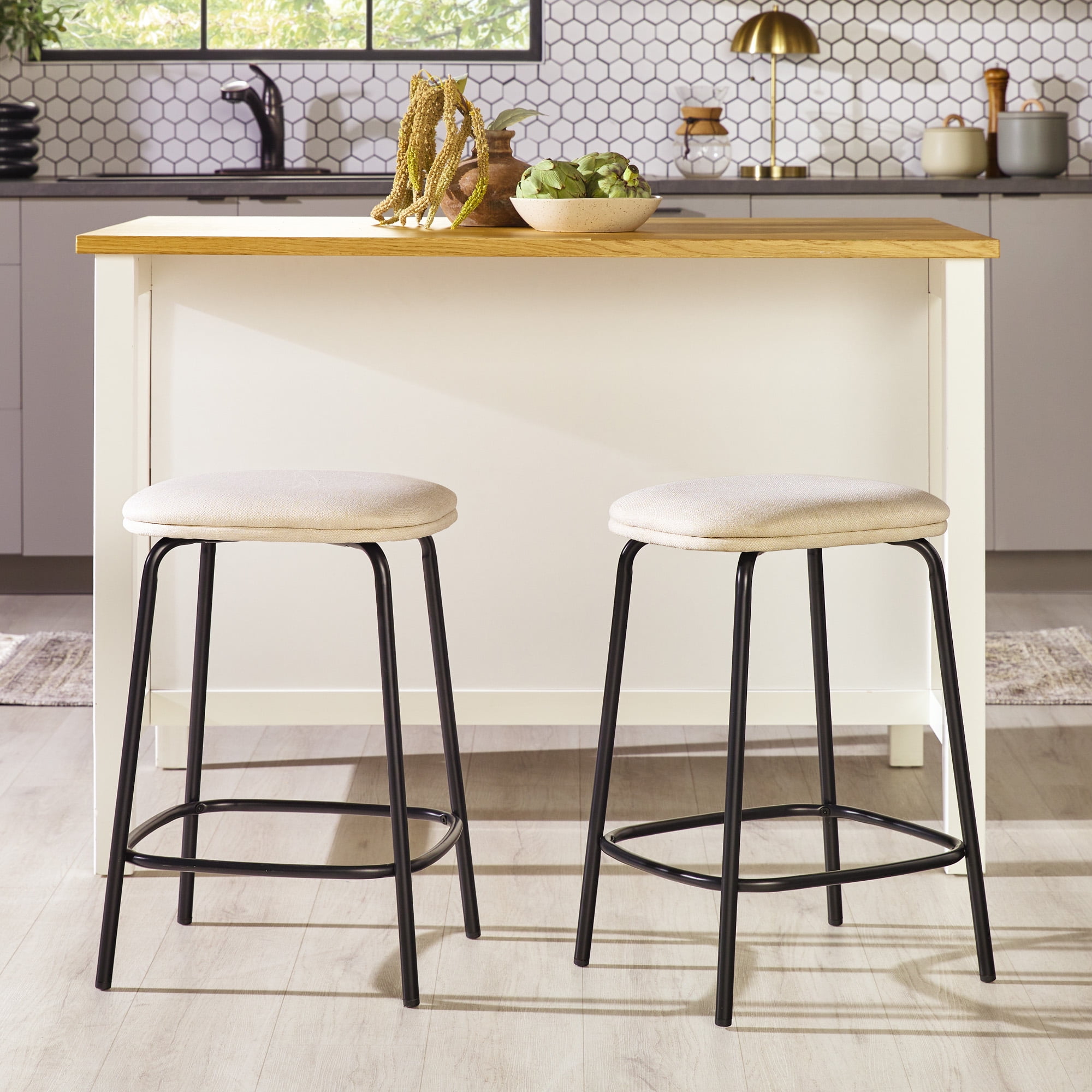 Ivory Upholstered Metal Adjustable Counter Stools, Set of 2