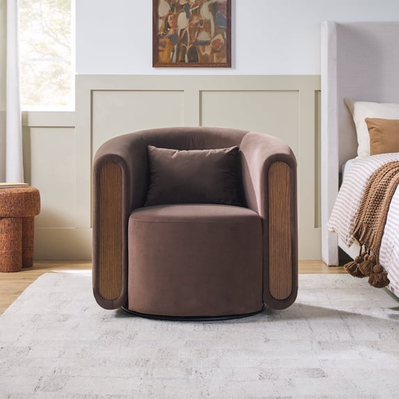 Walker Edison Modern Upholstered Swivel Barrel Armchair, Cafe Noir
