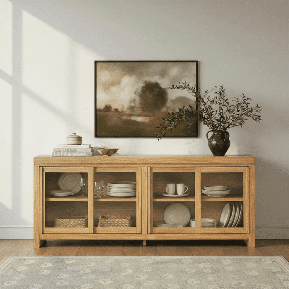 Walker Edison Modern Window Pane TV Stand/Sideboard with Sliding Doors, Heritage Oak