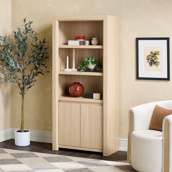 Walker Edison Modern Wood Open Bookshelf with Cabinet, Light Ash