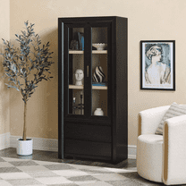 Walker Edison Modern Wood Open Bookshelf with Glass Doors and Drawer Storage, Black