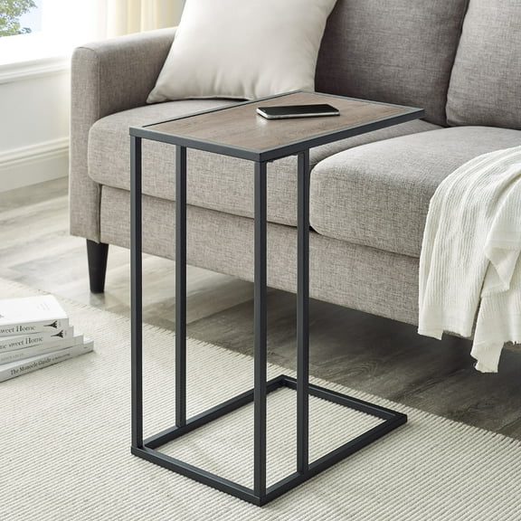 Walker Edison Modern Wood and Metal C-Shaped End Table, Grey Wash/Black