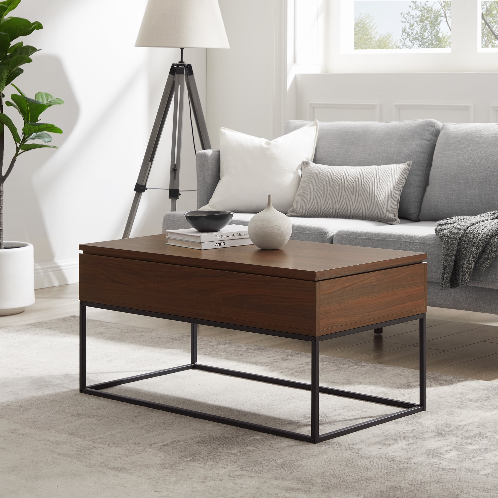 Walker Edison Modern Wood and Metal LiftTop Coffee Table, Dark Walnut