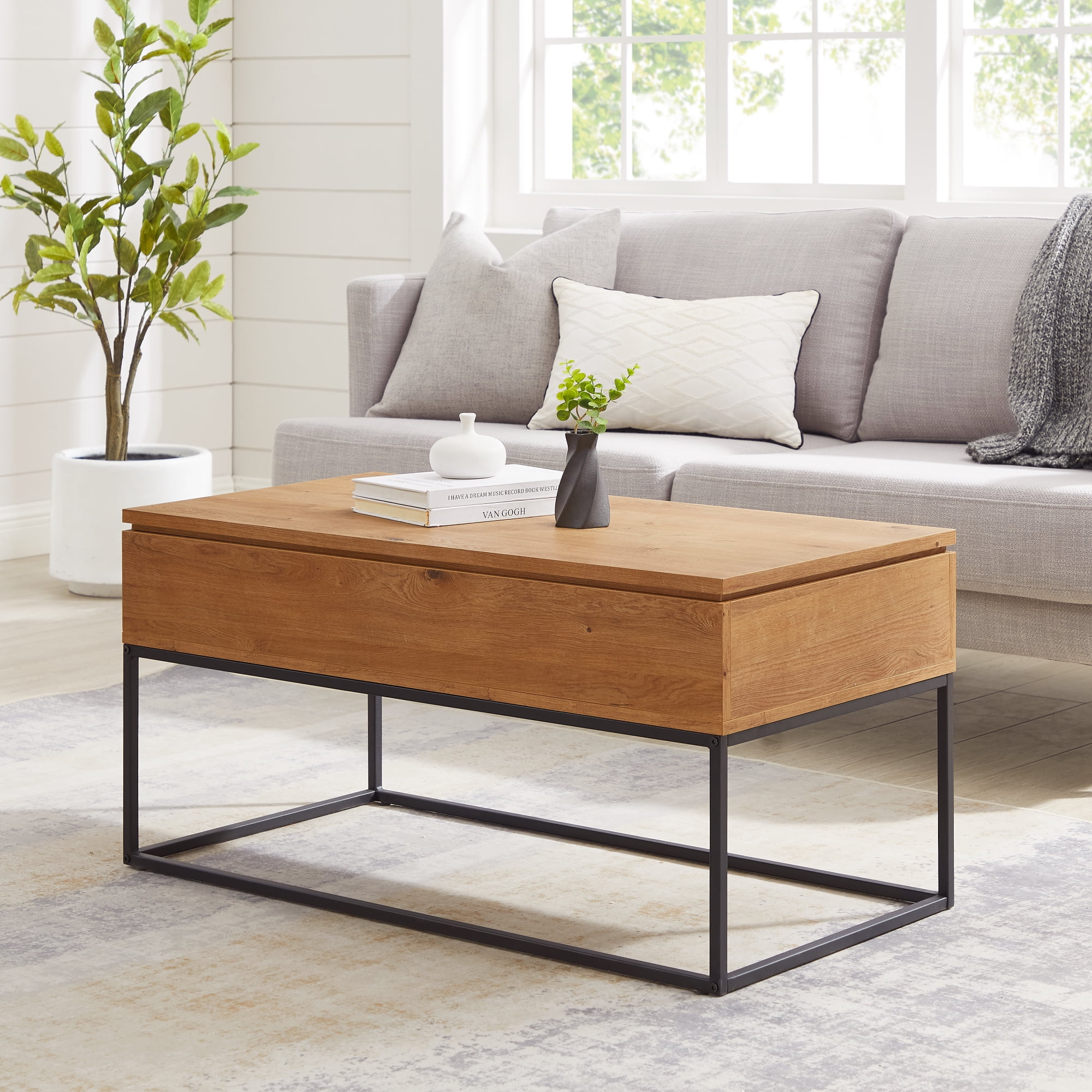 English Oak Lift-Top Coffee Table with Marble and Storage