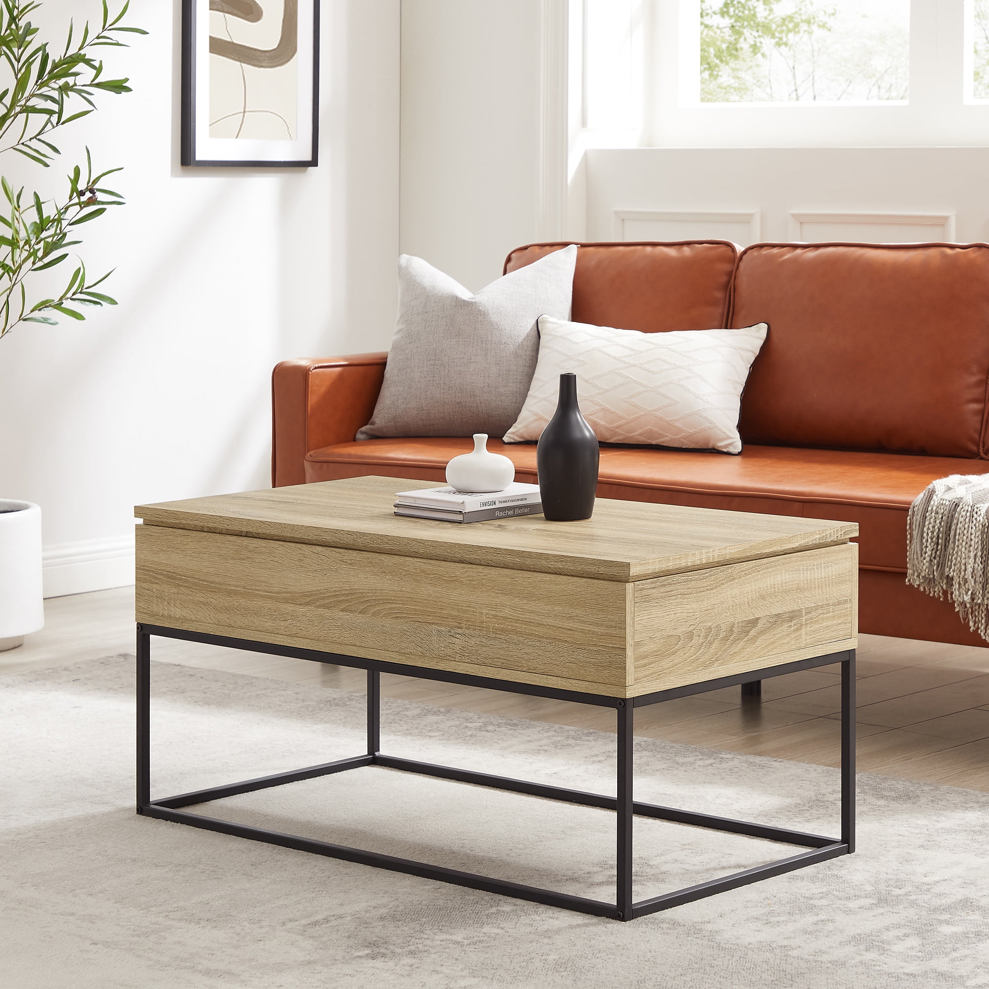 Walker Edison Modern Wood and Metal LiftTop Coffee Table, Natural