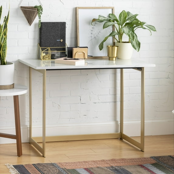 Walker Edison Modern Writing Computer Desk, White Faux Marble/Gold