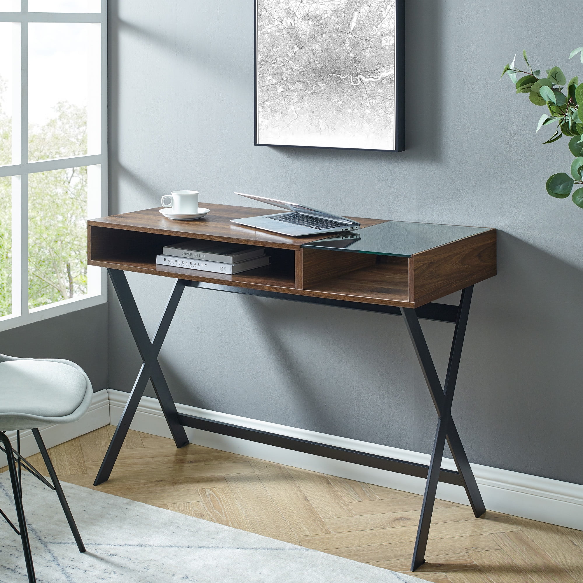 Beth 42" Dark Walnut and Glass Computer Desk